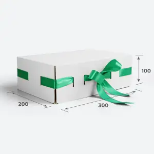 Коробка подарочная 300х200х100 Т23 E Белый 0999 Зеленая лента (в комплект не входит)