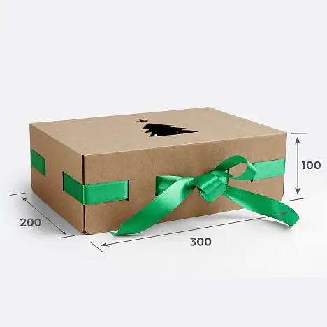 Коробка подарочная 300х200х100 Т23 E Бурый 0999 "Елка" Зеленая лента (в комплект не входит)