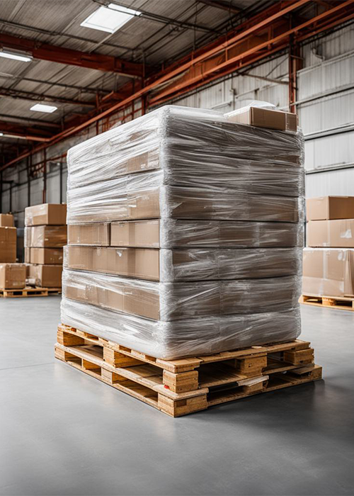 паллета с картонными коробками стоит посреди склада со стилажами. паллета обернута стрейч пленкой, фотография альбомная ориентация 820х550px_Kandinsky 3.0.png