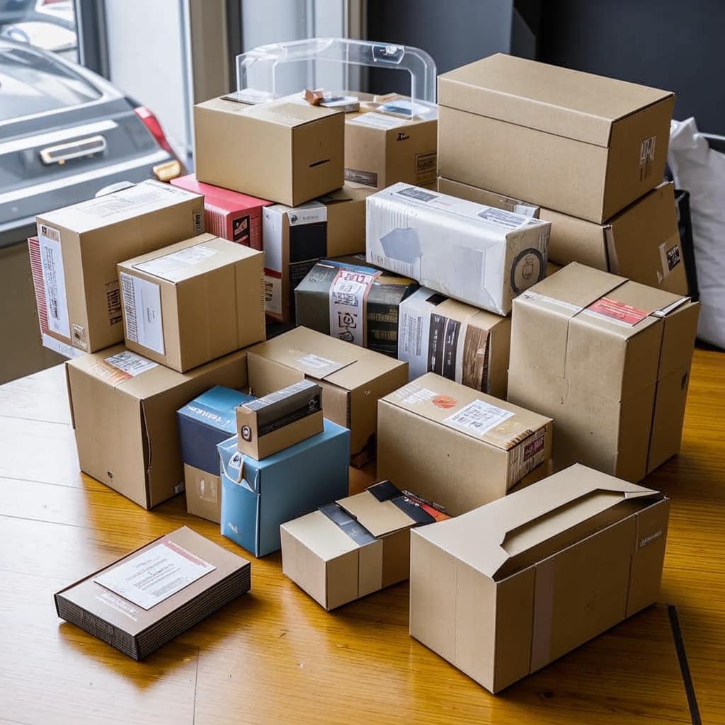 на столе лежат разные виды коммерческой упаковки_ картонные коробки, зип пакеты, дой паки, курьер пакеты_Kandinsky 3.1.jpg