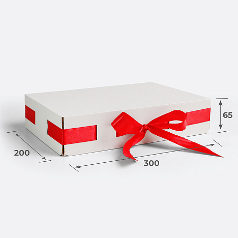 Коробка подарочная 300х200х65 Т23 E Белый 0999 Красная лента (в комплект не входит)