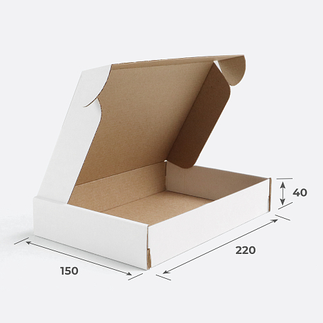 Картонная коробка 220х150х40 Т23 E Белый 0427 (с усечёнными клапанами)